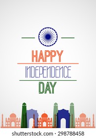 Vector illustration or greeting for Independence day with monument of India and Asoka Wheel.