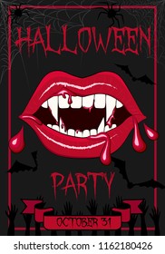Vector illustration of greeting or invitation flyer on a dark background with bloody vampire mouth and fangs, spider webs, spiders, bats and graves. The inscription "Halloween Party, October 31"