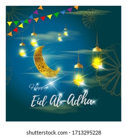 vector illustration of greeting for  Islamic festival with Eid al -Adha means  Eid al -Adha ,golden moon & lantern with beautiful shiny cloudy evening.