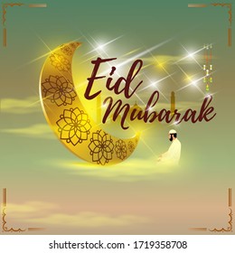 vector illustration of greeting for Islamic festival with text means Eid Mubarak, illustration is showing moon, star and danglers with beautiful evening  background with clouds and mosque.