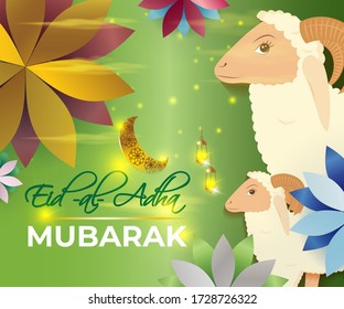 vector illustration of greeting for  Islamic festival with Eid al -Adha means  Eid al -Adha ,golden moon & lantern, goats with beautiful shiny cloudy evening in geometrical flower pattern backdrop