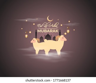 vector illustration of greeting for  Islamic festival with Eid al -Adha means  Eid al -Adha ,golden moon & lantern with beautiful shiny cloudy evening. Islamic festive background concept
