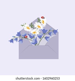 Vector illustration of a greeting letter with fields flowers and ladybirds on a isolated background. Template for greeting card, invitation card for Valentine's day, wedding.
