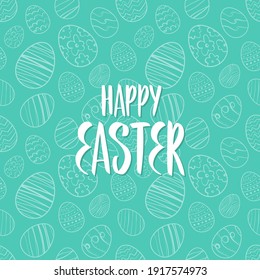 Vector illustration: Greeting lettering of Happy Easter on eggs pattern background.