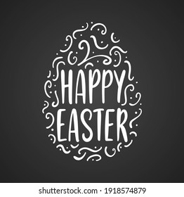 Vector illustration: Greeting lettering of Happy Easter with decorative egg on chalkboard background.
