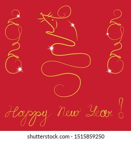 Vector illustration greeting New Year card with the outline of a golden stylized rat with a tail in the form of a spiral, the original signature of a Happy New Year, numbers 2020 on a red background