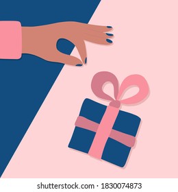 Vector illustration. Greeting picture with a blue gift box and a female hand. Pink bows. 