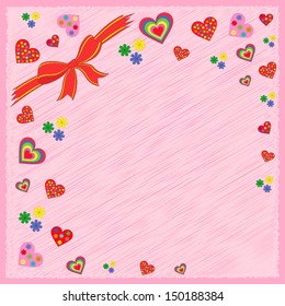 Vector illustration of greeting postcard on pink background with ribbon and many multicolored hearts and flowers