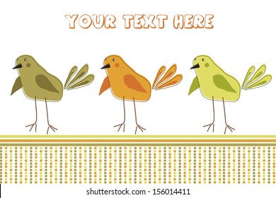 Vector illustration of a greeting, postcard in pastel colors with three whimsical birds