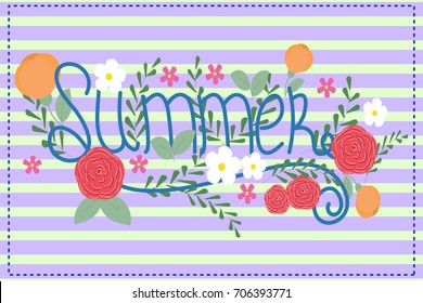 Vector illustration of the greeting postcard from vacation in summer with flowers on the light background with gorizontal lines.  Wedding card/invitation, summer text on the postcard.
