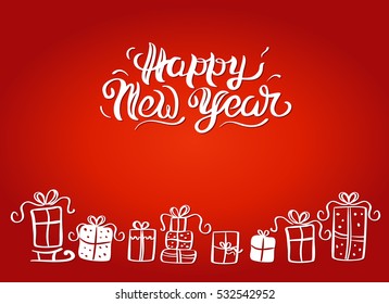 Vector illustration of a greeting red New Year's card and presents