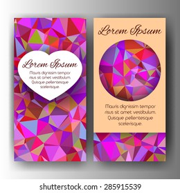 Vector illustration. Greeting sided card on bright abstract background of colored triangular pieces with space for your text.