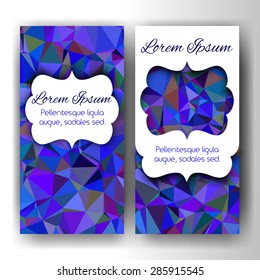 Vector illustration. Greeting sided card on bright abstract background of blue triangular pieces with space for your text.
