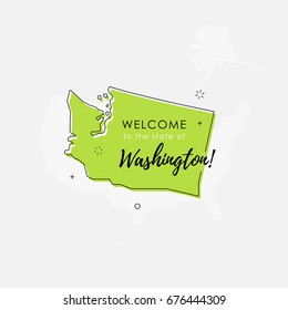 Vector illustration of greeting sign with welcome to the state of Washington text and state silhouette.
