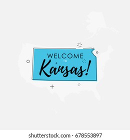 Vector illustration of greeting sign with welcome to Kansas text and state silhouette.