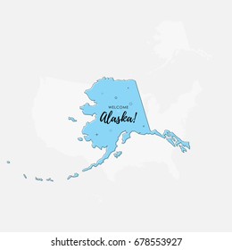 Vector illustration of greeting sign with welcome to Alaska text and state silhouette.