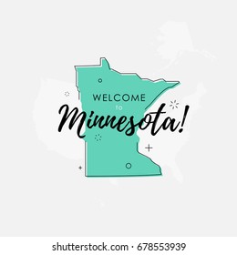 Vector illustration of greeting sign with welcome to Minnesota text and state silhouette.