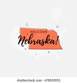 Vector illustration of greeting sign with welcome to Nebraska text and state silhouette.