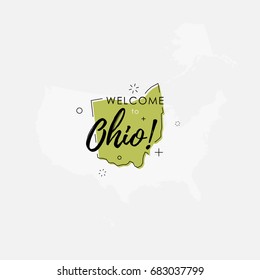 Vector illustration of greeting sign with welcome to Ohio text and state silhouette.