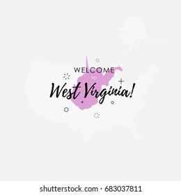 Vector illustration of greeting sign with welcome to West Virginia text and state silhouette.