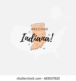 Vector illustration of greeting sign with welcome to Indiana text and state silhouette.