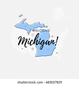 Vector illustration of greeting sign with welcome to Michigan text and state silhouette.