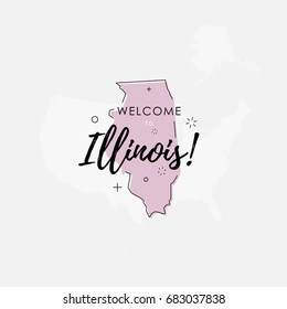 Vector illustration of greeting sign with welcome to Illinois text and state silhouette.