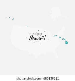 Vector illustration of greeting sign with welcome to Hawaii text and state silhouette.