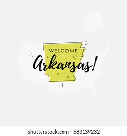 Vector illustration of greeting sign with welcome to Arkansas text and state silhouette.