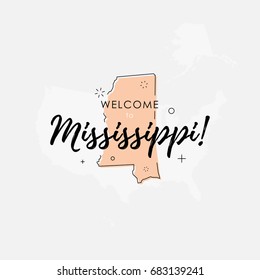 Vector illustration of greeting sign with welcome to Mississippi text and state silhouette.