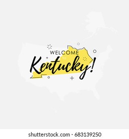 Vector illustration of greeting sign with welcome to Kentucky text and state silhouette.