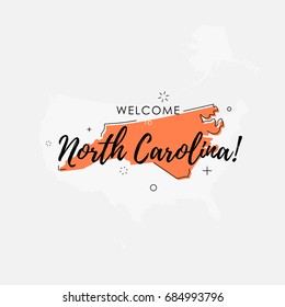 Vector illustration of greeting sign with welcome to North Carolina text and state silhouette.