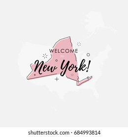 Vector illustration of greeting sign with welcome to New York text and state silhouette.