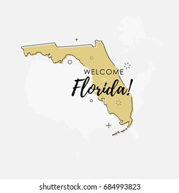 Vector illustration of greeting sign with welcome to Florida text and state silhouette.