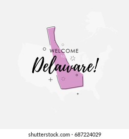 Vector illustration of greeting sign with welcome to Delaware text and state silhouette.