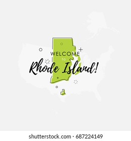 Vector illustration of greeting sign with welcome to Rhode Island text and state silhouette.