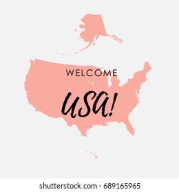 Vector illustration of greeting sign with welcome to USA text and state silhouette.