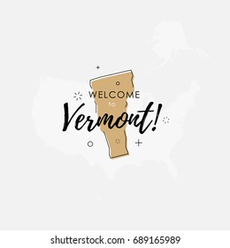 Vector illustration of greeting sign with welcome to Vermont text and state silhouette.