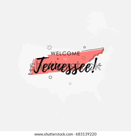 Vector illustration of greeting sign with welcome to Tennessee text and state silhouette.
