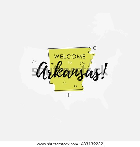Vector illustration of greeting sign with welcome to Arkansas text and state silhouette.