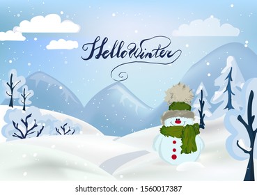 Vector illustration of greeting snow man on mountains
