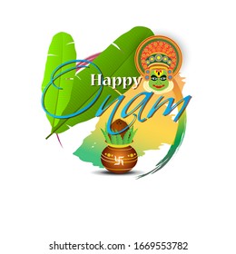 vector illustration of greeting for south Indian festival Onam with kathakali face.