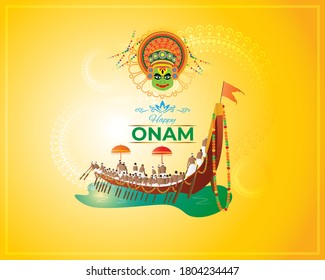 ilustración vectorial del saludo al festival indio sur Onam con cara kathakali y bote de serpientes