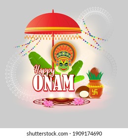 Vektorgrafik des Grußbogens für das südindische Festival Onam mit kathakali Gesicht.