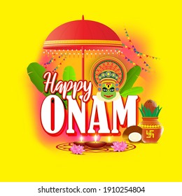 vector illustration of greeting for south Indian festival Onam with kathakali face.