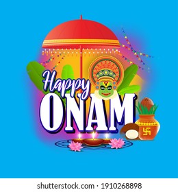 vector illustration of greeting for south Indian festival Onam with kathakali face.