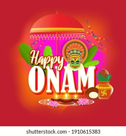 vector illustration of greeting for south Indian festival Onam with kathakali face.