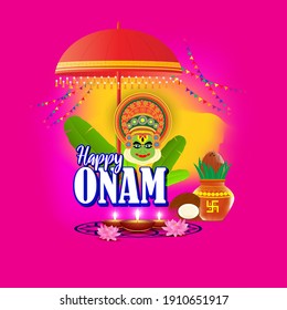 vector illustration of greeting for south Indian festival Onam with kathakali face.