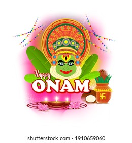 vector illustration of greeting for south Indian festival Onam with kathakali face.