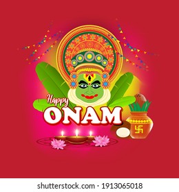 vector illustration of greeting for south Indian festival Onam with kathakali face.